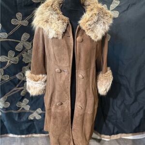 Women's Brown suede, silk line, rabbit Fur Trim Coat